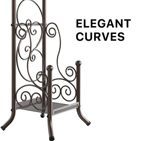 English Style Toilet Paper Stand With Shelf In Bronze Finish free standing base with decorative curves detail view