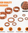 Copper Washer Kit 100 Pcs Ten Sizes From M5 To M20 Premium Copper Crush Gasket Assortment for sealing and oil drain plug projects.