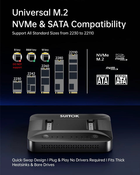 Universal M.2 NVMe & SATA compatibility diagram for Dual Bay M.2 Nvme Ssd Cloner Dock Handles Up To 16TB Drives With Instant One To One Offline Duplication.