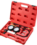 Front view of red plastic case containing 8MILELAKE cylinder leak-down tester kit with dual gauges, hoses and brass fittings