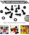 Black Anti Theft License Plate Screw Kit With M6 Tamper Proof Screws One Quarter Inch Stainless Steel 304 Includes Caps And Fastener Nuts For Front And Rear Plate Frames Weatherproof Rust Resistant Car Tag Mount Hardware shown with washers and bolts close-up.