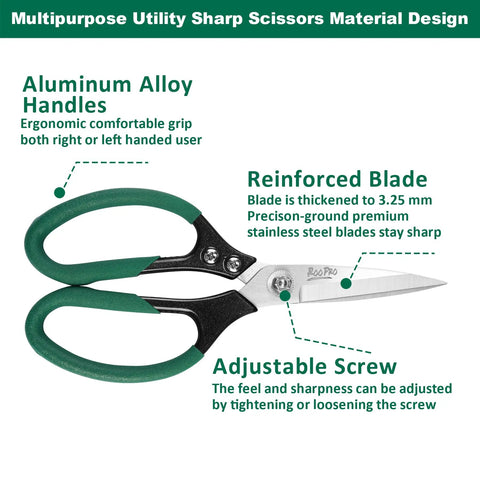All Purpose Heavy Duty Utility Scissors With 8.5 Inch Sharp Stainless Steel Blades For Kitchen Office Sewing Crafting Garage And Home Projects Ideal For Cutting Paper Cardboard Fabric Vinyl Plastic Leather Packaging Gardening General Household Tasks. Green handled stainless steel utility scissors