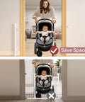 Top: Open doorway with Retractable Baby Gate Mesh Barrier. Bottom: Stroller stuck at a traditional gate. Space-saving design shown.