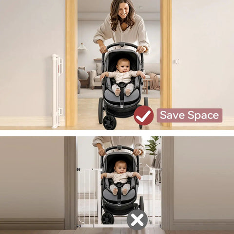 Top: Open doorway with Retractable Baby Gate Mesh Barrier. Bottom: Stroller stuck at a traditional gate. Space-saving design shown.