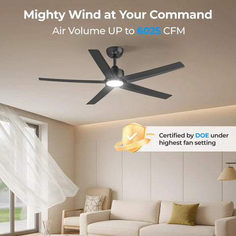 52 Inch Black Ceiling Fan With Light And Remote Control 3CCT Quiet DC Motor 5 Blade Modern Farmhouse Style in living room