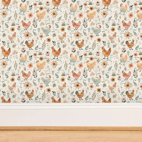 Top Tier Matte Wallpaper Featuring Pastel Hen Pattern And Subtle Linen Texture, floral designs, ideal for kitchens and bathrooms.