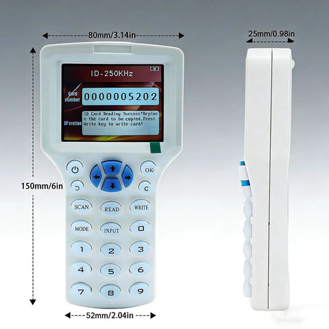 Pro Grade All In One Multi Frequency RFID Copier And Reader With USB Free Software and measurements in millimeters and inches
