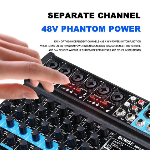 Eight Channel Mini Audio Mixer With MP3 Player showing 48V phantom power section being adjusted
