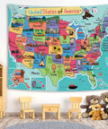 Colorful USA Map Wall Tapestry For Kids With Cartoon Fun Facts Geography Decor For Bedroom And Living Room, Educational Wall Hanging 71 By 60 Inches, Polyester Fabric, Indoor Outdoor Use, Easy To Clean displayed in a children’s room with teddy bears.