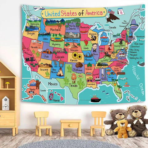 Colorful USA Map Wall Tapestry For Kids With Cartoon Fun Facts Geography Decor For Bedroom And Living Room, Educational Wall Hanging 71 By 60 Inches, Polyester Fabric, Indoor Outdoor Use, Easy To Clean displayed in a children’s room with teddy bears.