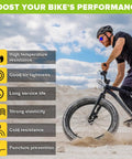 Cyclist on sand with benefits of Two Pack 26x4 Fat Tire Bike Inner Tubes With 32mm Schrader Valve listed