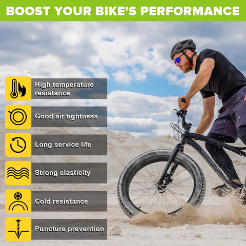 Cyclist on sand with benefits of Two Pack 26x4 Fat Tire Bike Inner Tubes With 32mm Schrader Valve listed