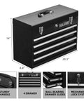 Heavy Duty Metal Tool Box With Four Drawers Portable Steel Chest With Lock And Latch Closure Black And Red Powder Coat Ideal For Garage Shop Warehouse And Outdoor Jobs