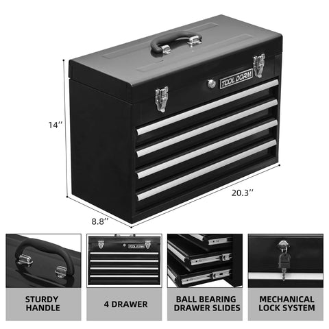 Heavy Duty Metal Tool Box With Four Drawers Portable Steel Chest With Lock And Latch Closure Black And Red Powder Coat Ideal For Garage Shop Warehouse And Outdoor Jobs
