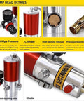 Heavy Duty Pneumatic Grease Pump Kit For 55 Gallon Drums With 16 Foot Hose showing pump head details, pressure valve, and seamless pipe.