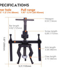 Three Jaw Inner Pilot Bearing Puller Beefy Heavy Duty Auto Bushing Carbon Steel Gear Extractor with measurement labels.
