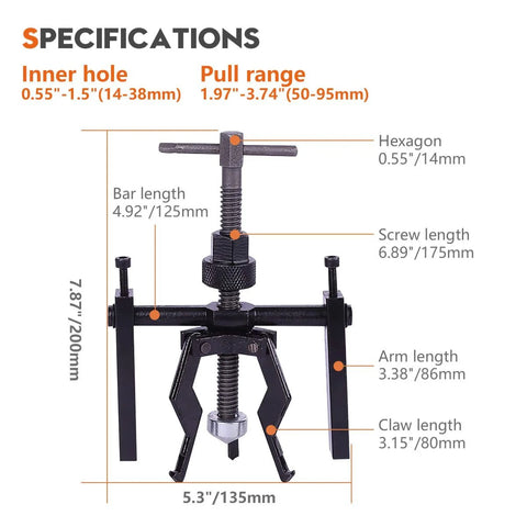 Three Jaw Inner Pilot Bearing Puller Beefy Heavy Duty Auto Bushing Carbon Steel Gear Extractor with measurement labels.