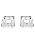 Two polished stainless steel sink grids for 30x19 inch double bowl cast iron sinks with plastic side bumpers, top view.