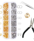 One Stop Jewelry Making Kit With Open Jump Rings And Lobster Clasps Pliers Tweezers And Ring Opener For Necklace Repair And DIY Crafting 1200 Piece Silver And Gold Component Set showing 12-grid organizer with tools and components