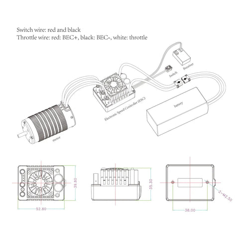 Diagram of C10 Sensorless Brushless ESC For RC Car 120A Continuous Current 2-4S LiPo with wiring and component dimensions.