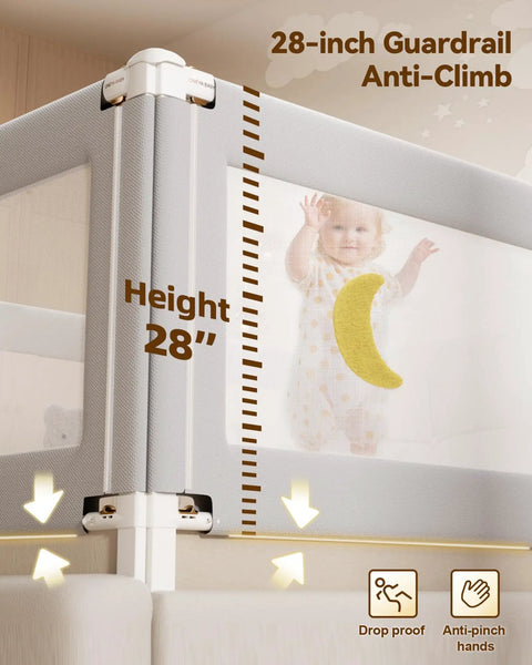 28-inch guardrail with anti-climb features from No Drill King Size Bed Rails For Kids Three Piece Guard With Height Adjustable Thickened Steel Side Rails For Safe Sleep Easy Install Toddler Bed Guard Gray Bear 74.8 By 78.7 Inches