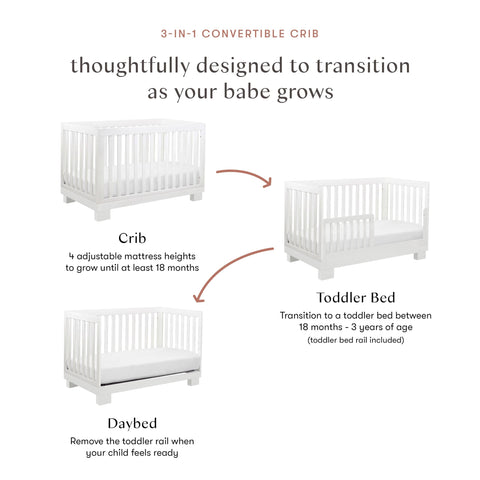 Modo 3 In 1 Baby Crib That Converts To Toddler Bed And Daybed Includes Toddler Conversion Kit Solid Wood Crib For Baby With Four Adjustable Heights White GREENGUARD Gold Certified shown in three stages: crib, toddler bed, and daybed.