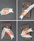 Copper Damascus Fish Style Folding Knife with Ladder Pattern Blade open and closed, shown with leather sheath