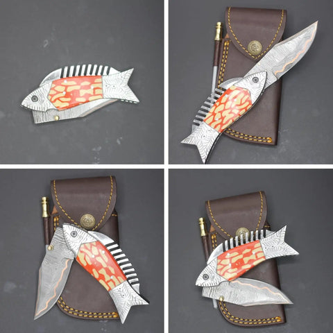 Copper Damascus Fish Style Folding Knife with Ladder Pattern Blade open and closed, shown with leather sheath