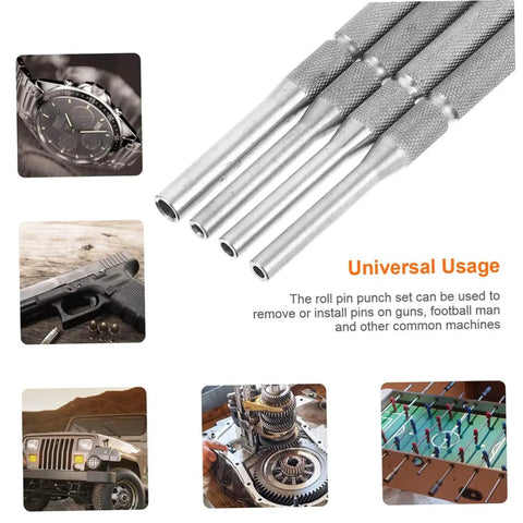 Pro Grade 4-Piece Pin Punch Set for Watch and Jewelry Repair shown with stainless steel tools and universal usage examples.