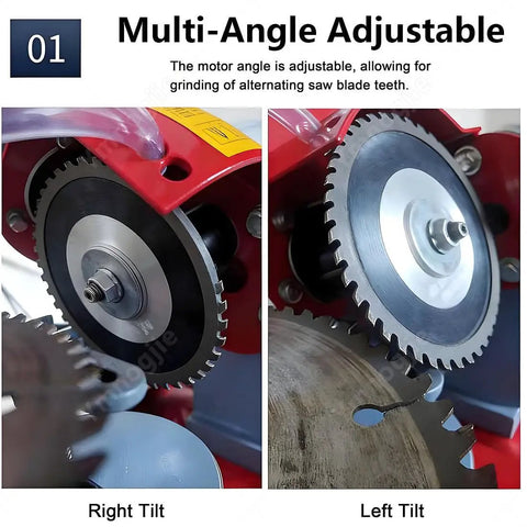 Kickass Electric Circular Saw Blade Sharpener With Bright Built In Led Light And Precise Sliding Rail For Quick Angle Mill Grinding On Dull Woodworking Cutters And No Fuss Steel Tools, showing adjustable motor angle for grinding.