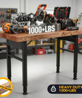 Adjustable 28-47 Inch Workbench Legs With Power Strip And Built Tough Heavy-Duty Metal Table Frame in garage with tools on top