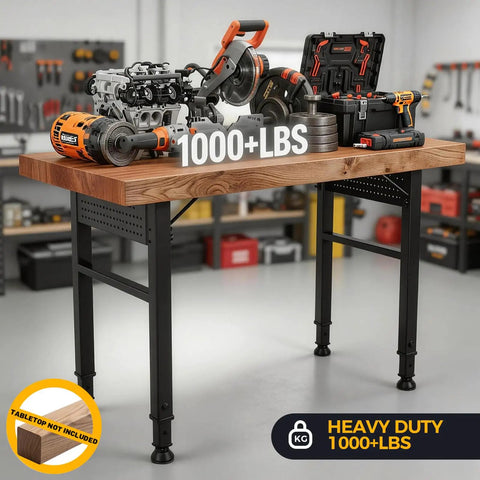 Adjustable 28-47 Inch Workbench Legs With Power Strip And Built Tough Heavy-Duty Metal Table Frame in garage with tools on top