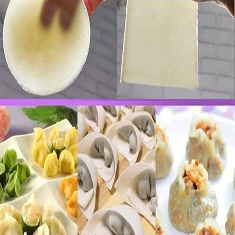 Heavy Duty Electric Dumpling Wrapper Press Maker 140W Motor Cranks Out 60 Skins Per Minute, showcasing various dumpling skins and filled dumplings.
