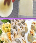 Skip The Hand Rolling And Whip Up Fluffy Dumpling Skins Fast With This Rock Solid Electric Press Engineered For Lazy Night Cooking And Absolute Zero Mess Results Daily with various dumpling wrappers and filled dumplings displayed.