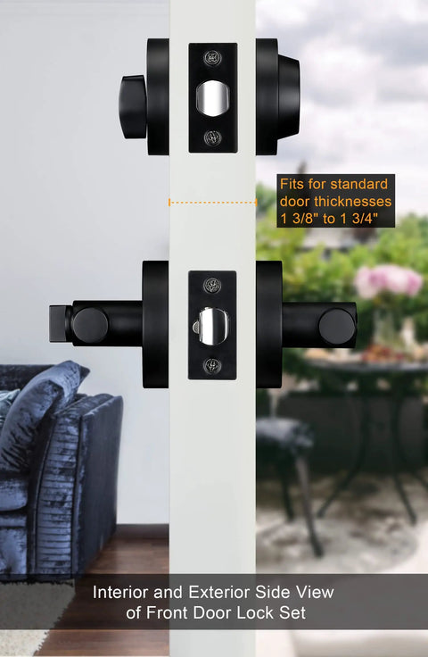 Keyed Alike Matte Black Front Entry Door Handle With Deadbolt Set showing interior and exterior views on door