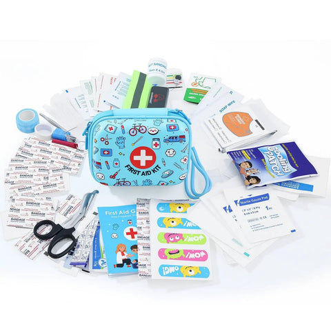 Kid Friendly First Aid Kit 160-Piece Water-Resistant Hard Shell Emergency Set with supplies visible, blue bag