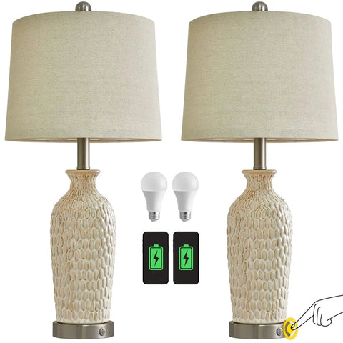 Two USB Touch Dimmable Ceramic Table Lamps Set Of 2 For Living Room Or Bedroom, 3-Way Brightness With Tap Control, includes two bulbs