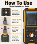 Beam Detector Rangefinder, Stud Finder Wall Scanner Stud Detector with Smart Sensors & Voice Broadcast, Measuring Accuracy ±1.5 Mm & 50 Data Storage, user guide showing how to operate.