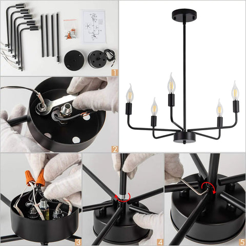 Dope Matte Black Chandelier Modern Farmhouse Candle Ceiling Light Five Light Pendant Fixture assembly guide and tools.