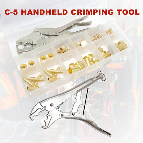 JZWELD 1/4 in ID hose repair kit with brass fittings and C-5 handheld crimping tool in clear plastic organizer