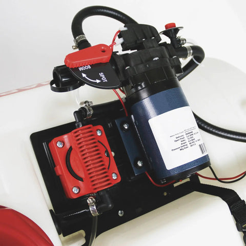 Close-up of Dual Tank ATV UTV Spot Sprayer 12V 2.5 GPM pump mechanism for on demand mixing