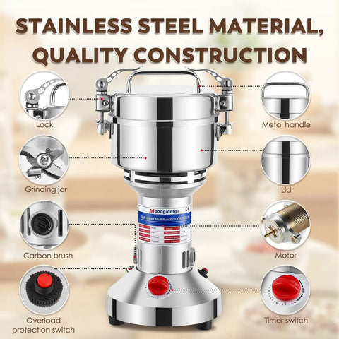 Powerhouse 2500W Electric Grain And Spice Grinder Mill With 110V 50 To 300 Mesh Stainless Steel Pulverizer 500g Capacity Timer Switch Dry Grinding parts