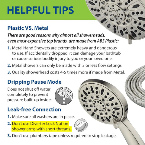 Premium 7 Inch High Pressure Three Way Rainfall Shower Head Set With Stainless Steel Hose And Handheld Six Setting Spa Shower tips