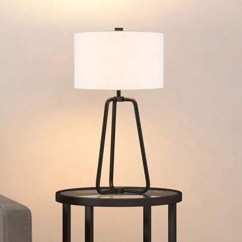 Cool Tall Table Lamp 25.5 Inches With Blackened Bronze Finish And White Fabric Drum Shade, Ambient Nightstand And Desk Light