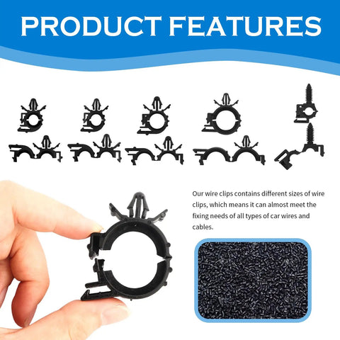 130 Piece Car Wire Loom Clips Kit With Five Sizes Push In Wire Harness Clamps Keeps Cables Neatly Sorted Universal Loom Clips For SUV Truck And More Today image featuring a variety of clip designs and a close-up of a clip with textured material in the background.