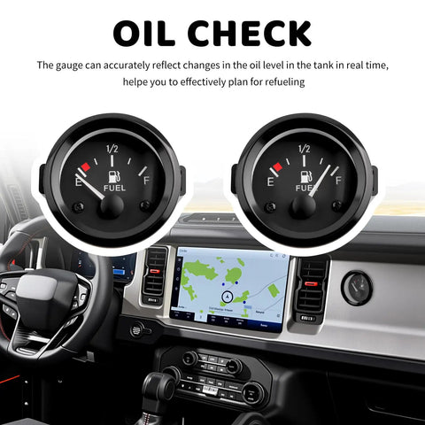 2 Inch 52mm 12V Fuel Gauge With E-1/2-F Pointer Dash displayed on car dashboard, featuring dual gauges for universal vehicles.