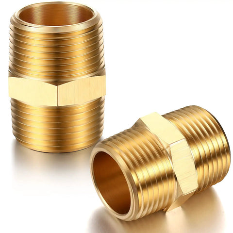 Two Piece Brass Pipe Fitting Three Quarter Inch NPT Hex Nipple Male Pipe Adapter Straight Connector Heavy Duty Brass Threaded Fitting