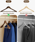Comparison of premium vintage wood hangers with wide shoulders and non-slip grips vs standard hangers with shoulder deformation, both hanging coats.