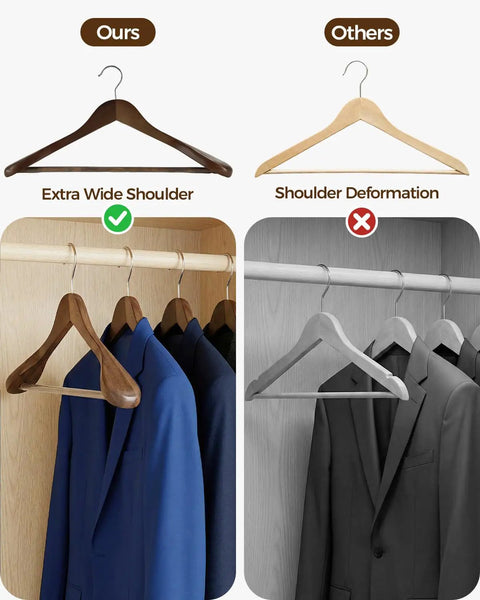 Comparison of premium vintage wood hangers with wide shoulders and non-slip grips vs standard hangers with shoulder deformation, both hanging coats.