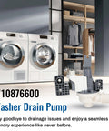 Front view of washer drain pump replacement part W10876600, gray/white plastic, shown beside front-loading washers.